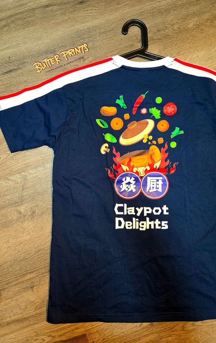 Claypot Delights tees, full colour back print