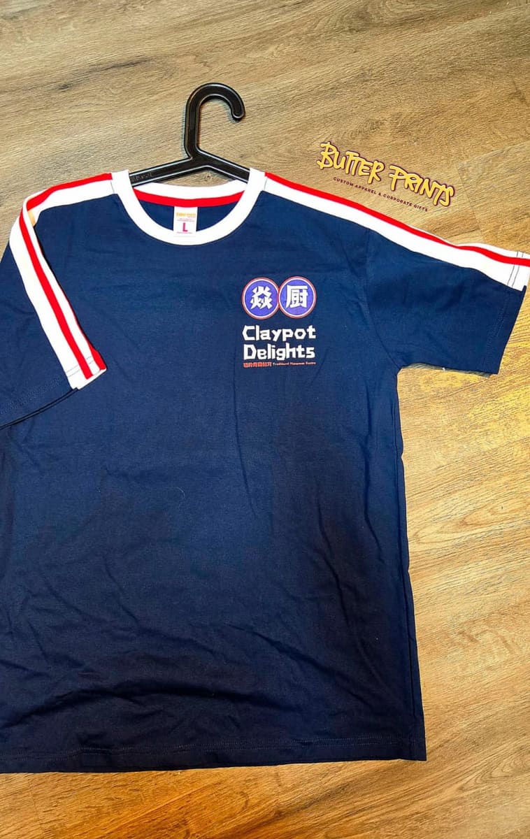 Claypot Delights ringer tees, chest logo