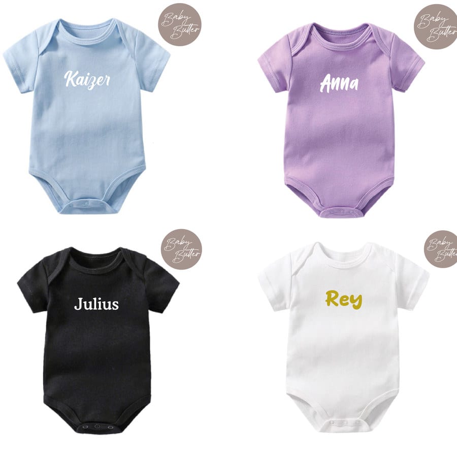 Custom Name/Text Print on Baby Romper (White, 0-3m (2-4kg), Black, 1)