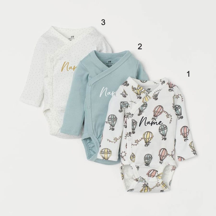 Custom Name on H&amp;M 3-pack long-sleeved bodysuits (0-9mths) - Hot Air Balloons (1-2M, 1. Simple, Gold, Gold, Gold)