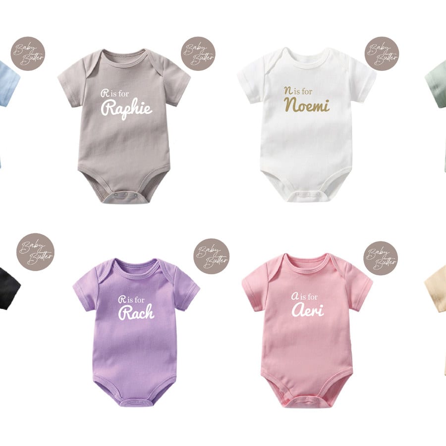 Alphabet + Name Customisation (A is for..?) on Baby Romper (White, 0-3m (2-4kg), Black)