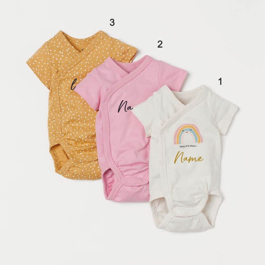 Custom Name on H&amp;M 3-pack wrapover bodysuits - Yellow Pink/Rainbow (1. Simple, Gold, Gold, Gold)
