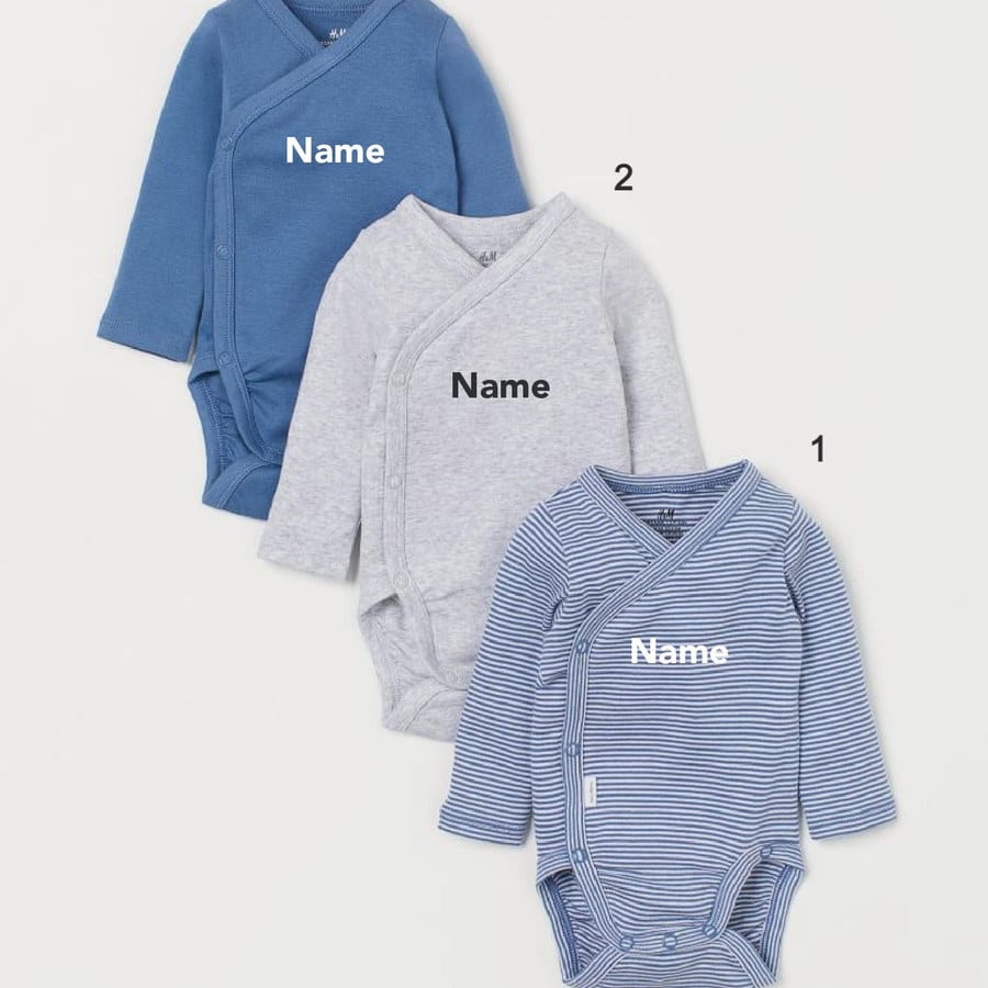 Custom Name on H&amp;M 3-pack long-sleeved bodysuits (0-9mths) - Blue White/Striped (1-2M, 1. Simple, Gold, Gold, Gold)