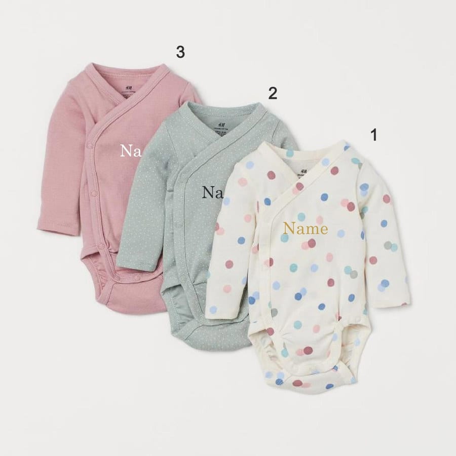 Custom Name on H&amp;M 3-pack long-sleeved bodysuits (0-9mths) - Dusky Green/Spotted (1-2M, 1. Simple, Gold, Gold, Gold)